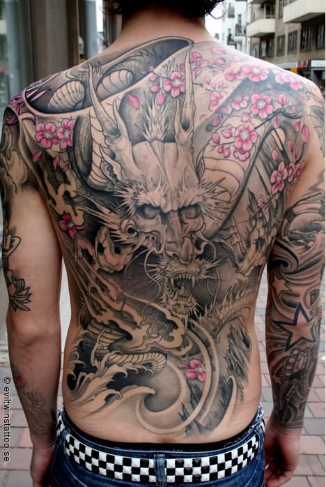 Grey Ink Dragon With Cherry Blossom Tattoo On Full Back