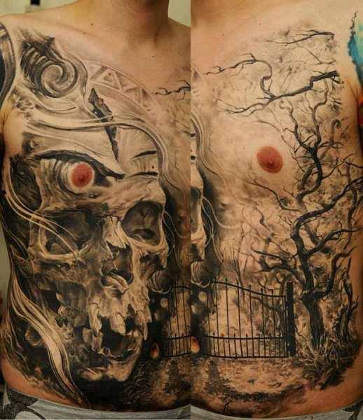 Grey Ink Skull And Tree Tattoos On Body