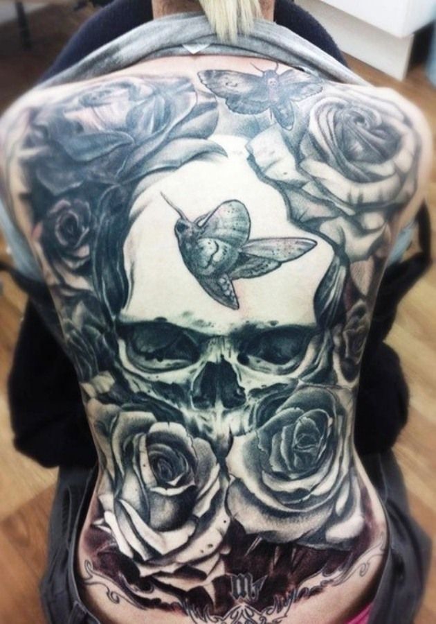 Grey Ink Skull With Roses Tattoo On Full Back