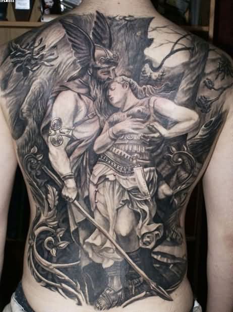 Grey Ink Viking Warrior With Women Tattoo On Full Back