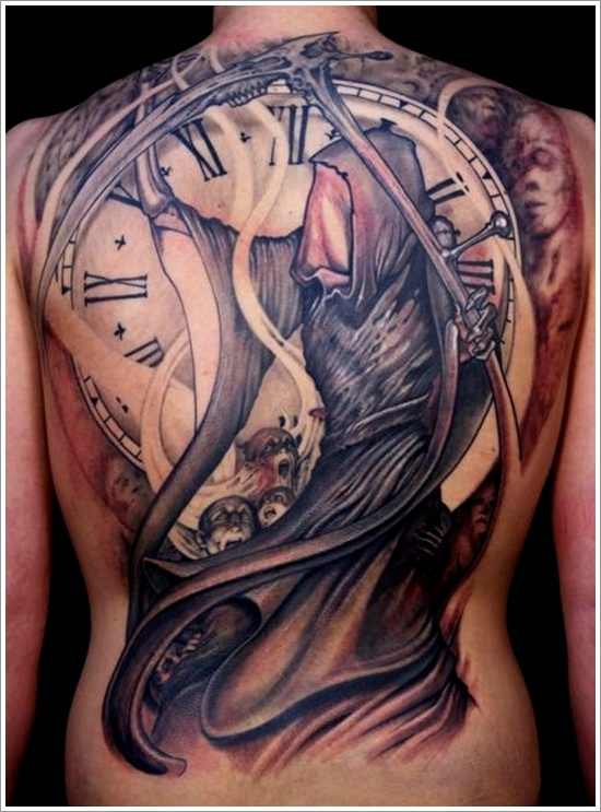 Grim Reaper With Clock Tattoo On Full Back