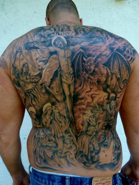 Jesus On Cross With Angels And Devils Tattoo On Full Back