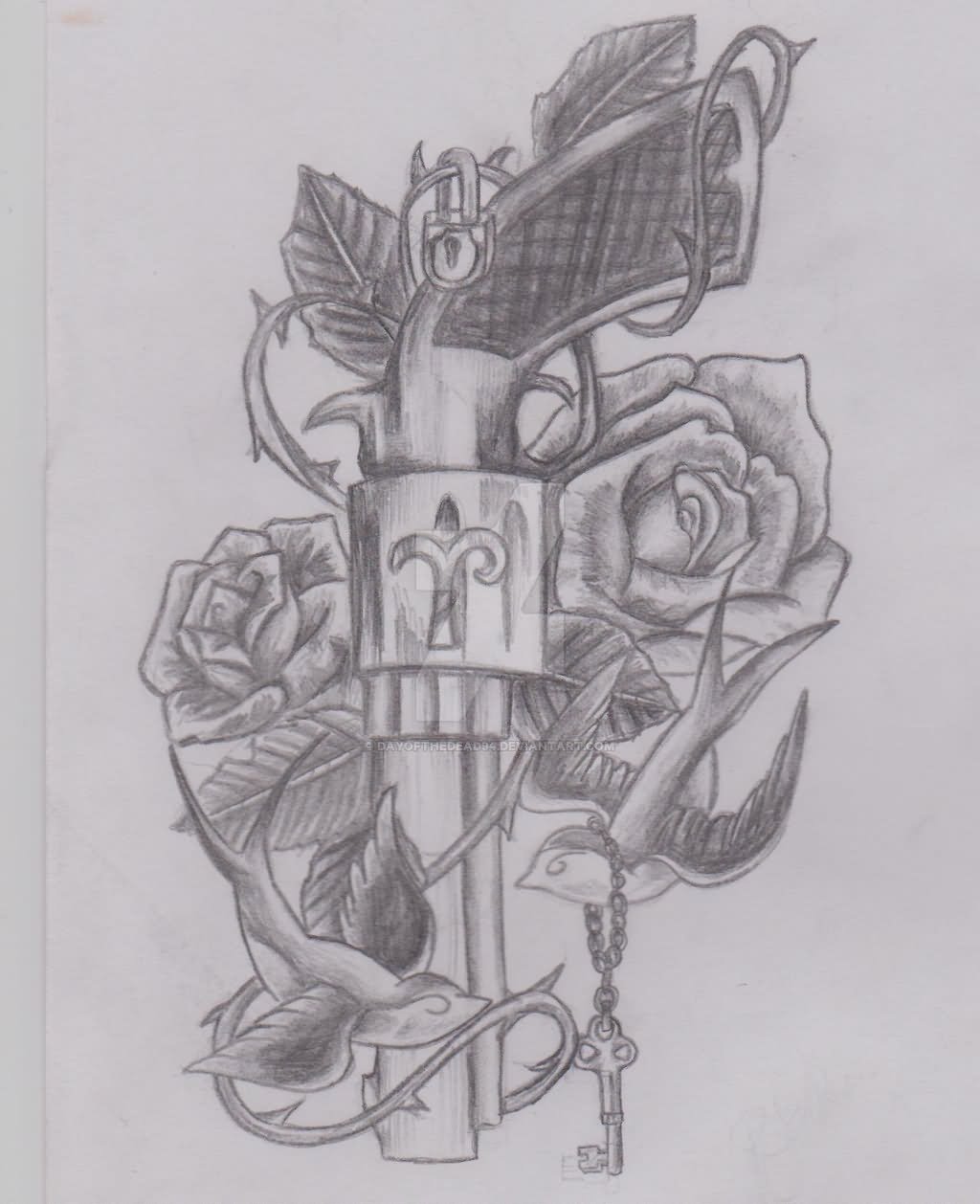 Rose Flowers And Revolver Tattoo Design by Dayofthedead94