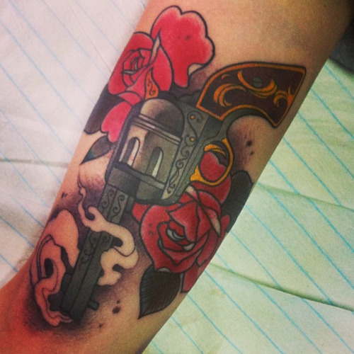 Roses And Revolver Tattoo On Sleeve