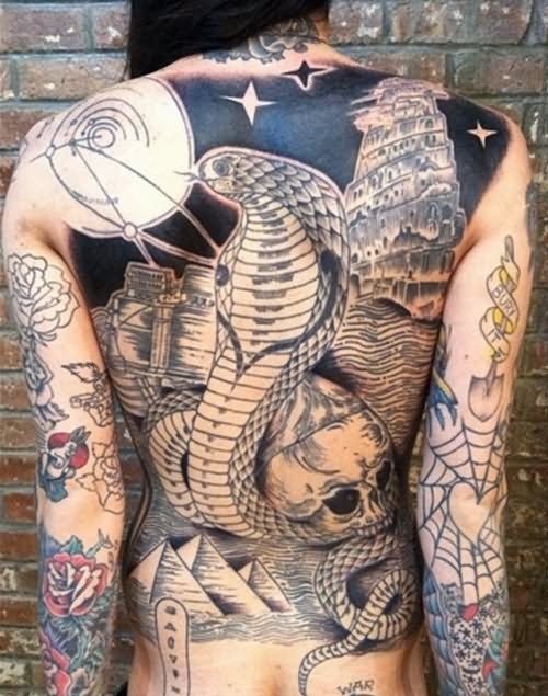 Snake With Skull Tattoo On Girl Full Back