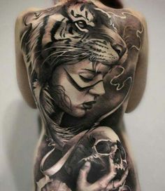 Tiger Head Girl With Skull Tattoo On Full Back