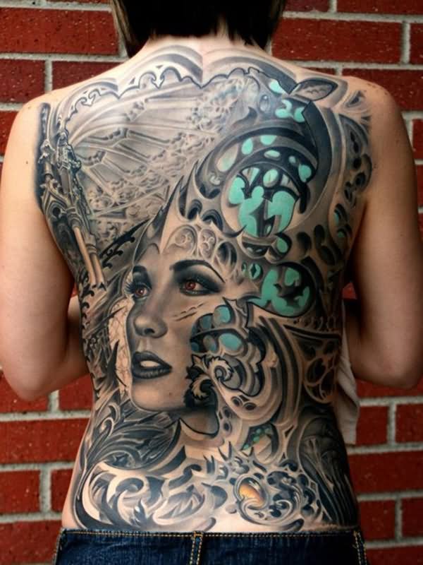 Unique Girl Face Tattoo On Full Back