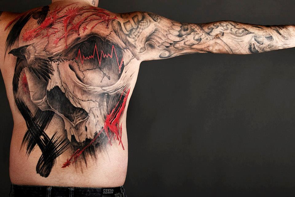 Wonderful 3D Skull Tattoo On Full Back