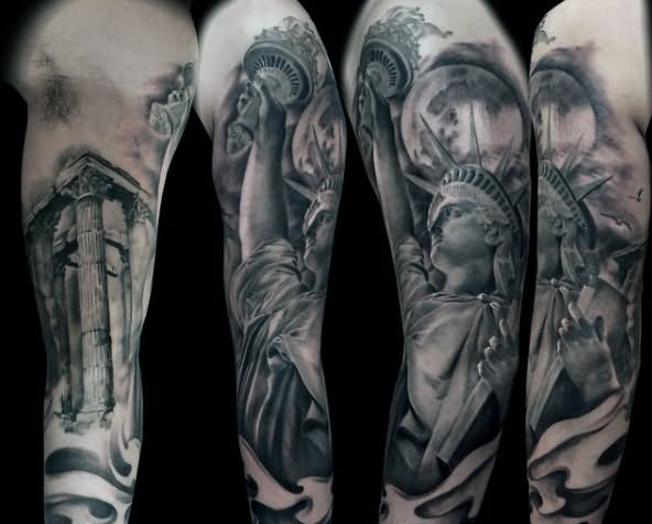 Grey Ink 3D Statue Of Liberty Tattoo Design For Half Sleeve