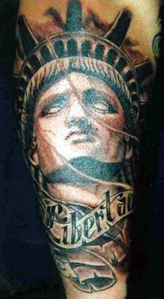 Statue Of Liberty Head With Banner Tattoo Design For Sleeve