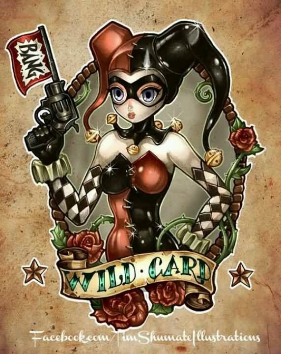 Harley Quinn With Wild Card Banner Tattoo Design