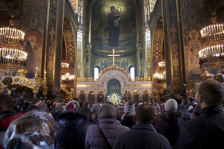 Parishioners Inside The St Volodymyr's Cathedral Await The Appearance Of Patiarch Filaret Denysenko