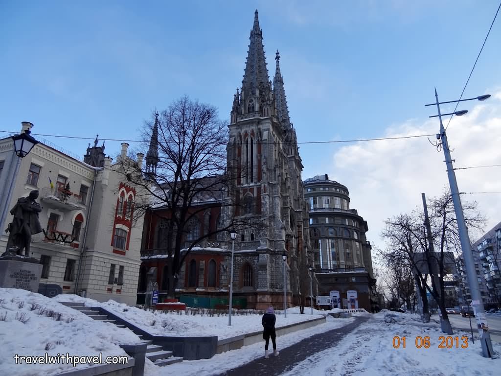 Road In Front Of St. Nicholas Roman Catholic Cathedral Covered With Snow