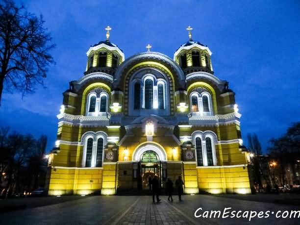 The St Volodymyr's Cathedral Illuminated At Night