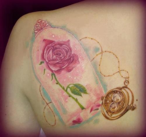 Cool Pink Rose With Time Turner Tattoo On Left Back Shoulder By Rioleigh