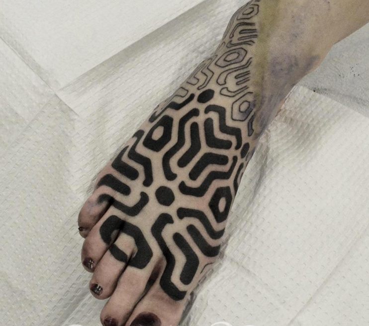 Black Chip Circuit Tattoo On Right Foot