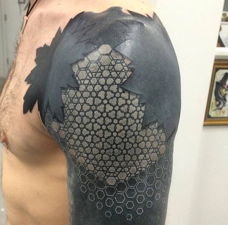 Black Ink Geometric Tattoo On Left Half Sleeve