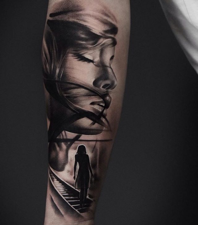 Grey Ink Girl Portrait Tattoo On Arm Sleeve