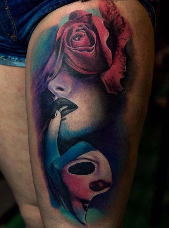 Red Rose And Girl Head Tattoo On Left Thigh