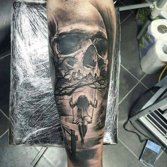 Black and Grey Skull Tattoo On Arm Sleeve