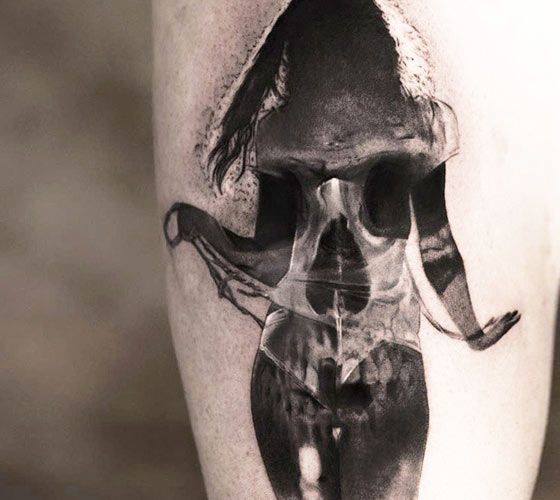 Girl Shadow In Skull Tattoo On Arm