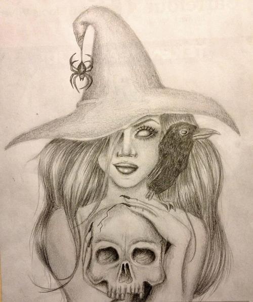 Grey And White Amazing Witch Girl Tattoo Design