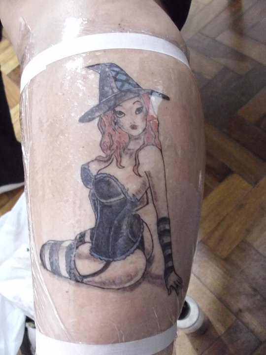 Grey And White Witch Girl Tattoo On Leg by Musandanart