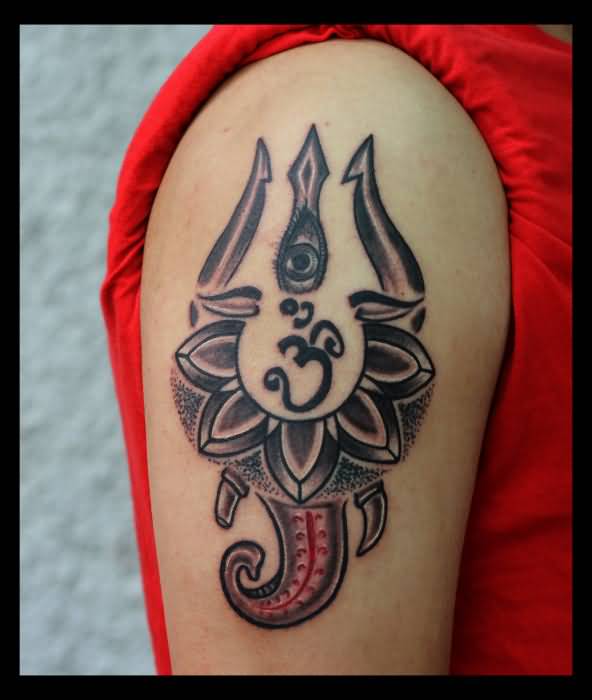 Grey Ganesha Symbol Tattoo On Right Shoulder