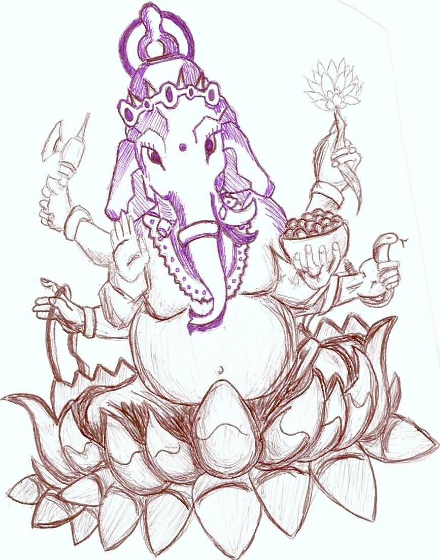 Outline Lotus And Ganesha Tattoo Design by Shrilledgeep