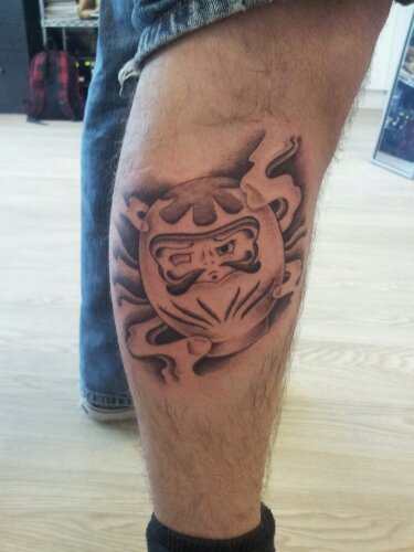 Black Ink Daruma Doll Tattoo On Right Leg Calf By Alvaro Flores