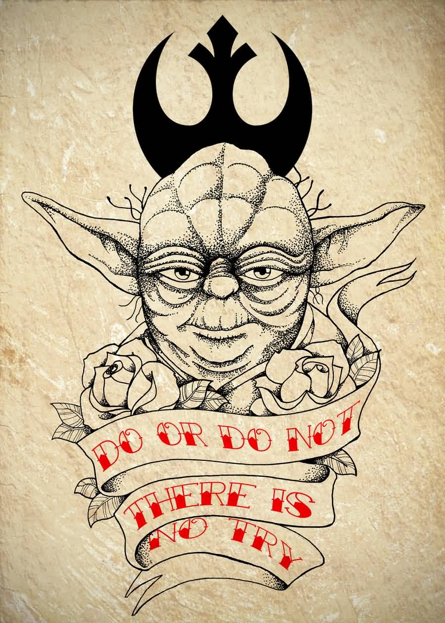 Dotwork Yoda With Banner Tattoo Design By Khalil Canabarro