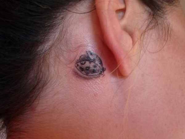 Black And White Flying Ladybug Tattoos Behind The Ear