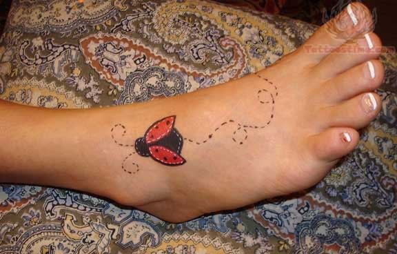 Flying Ladybug Tattoo On Right Ankle For Girls