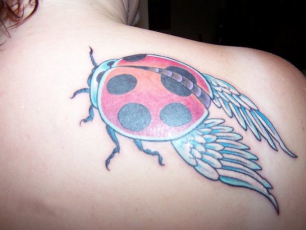 Flying Ladybug With Angel Wings Tattoo On Right Back Shoulder