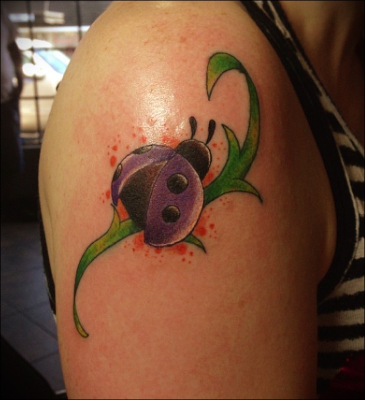 Flying Purple Ladybug Tattoo On Right Shoulder