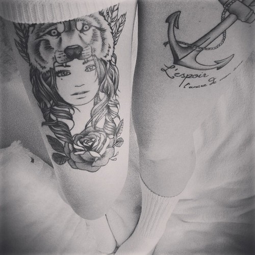 Grey Rose And Fox Girl Tattoo On Right Thigh