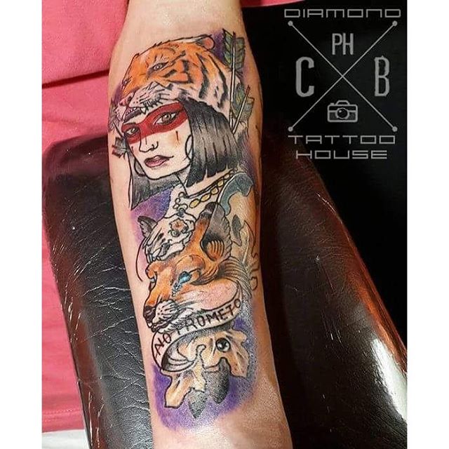 Left Forearm Tiger And Fox Head Girl Tattoo