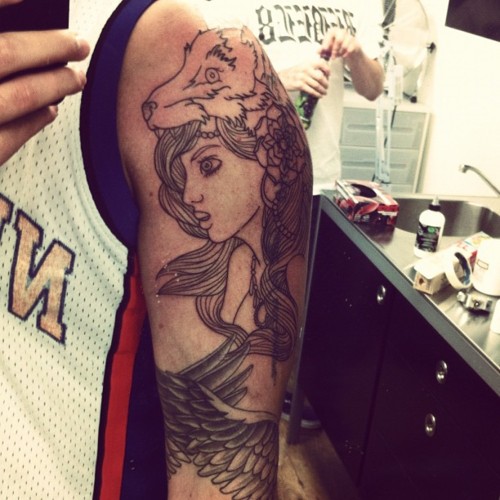 Outline Fox Girl Tattoo On Left Half Sleeve