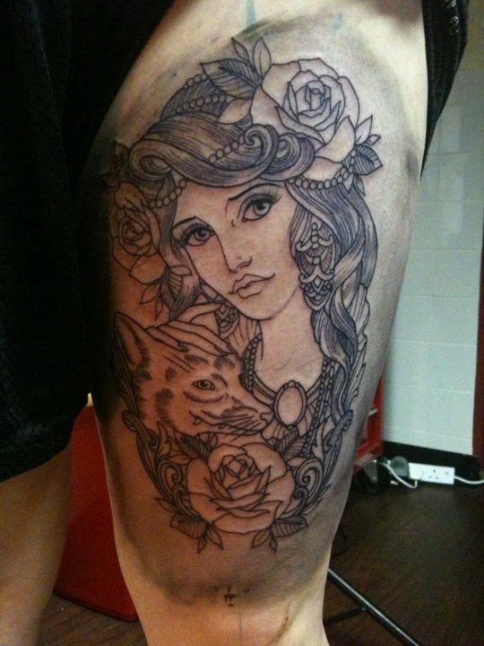 Outline Fox Girl Tattoo On Left Thigh