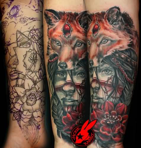 Red Flower And Fox Girl Tattoo On Forearm