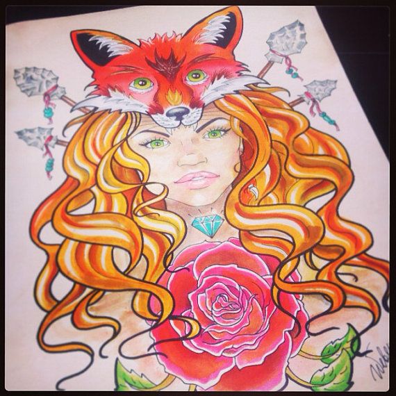 Red Rose And Fox Girl Tattoo Design