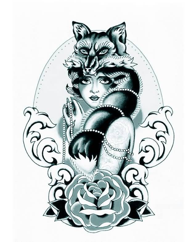 Rose With Fox Girl Tattoo Design