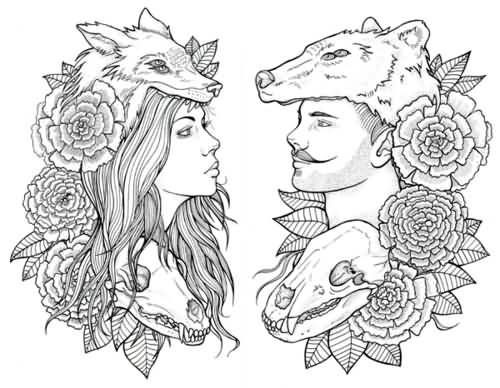 Traditional Flowers And Fox Girl Tattoo Design