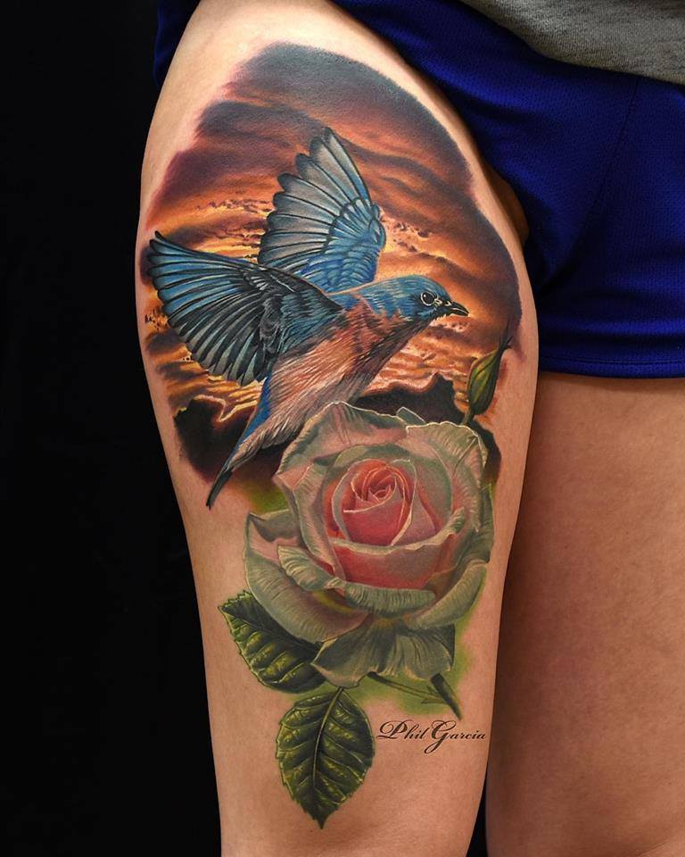 White Rose And Beautiful Flying Bird Tattoo On Thigh by Phill Garcia