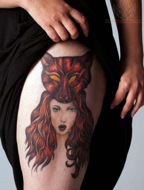 Yellow Eyes Fox Girl Tattoo On Side Thigh