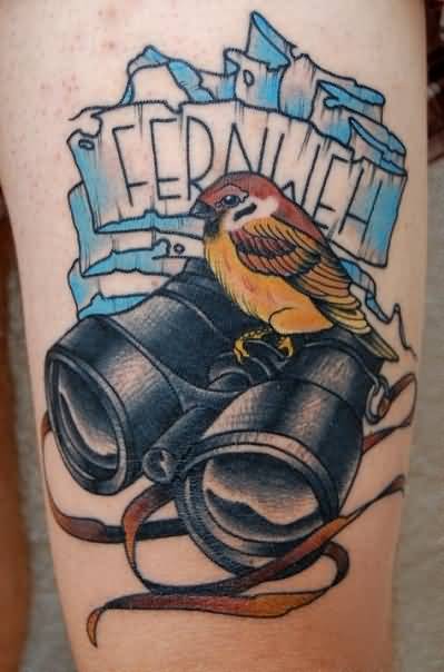 Color Ink Sparrow And Binoculars Tattoo