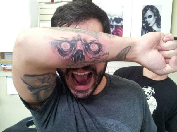 Grey Ink Binoculars Tattoo On Right Arm