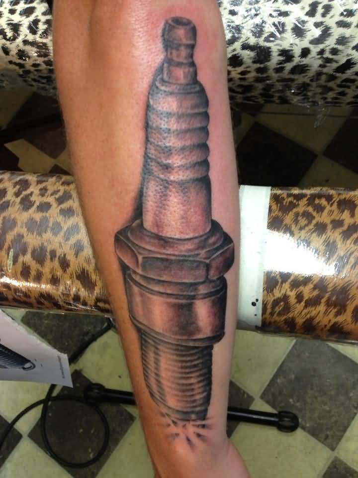 Side Arm Spark Plug Tattoo by Rissell Fortier