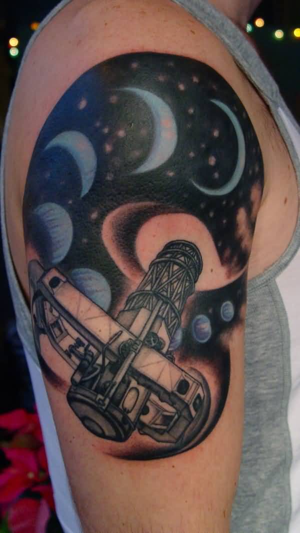 Space And Binoculars Tattoo On Right Half Sleeve