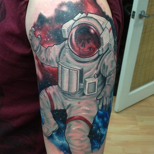 Colored Astronaut Tattoo On Left Half Sleeve by White Trash Matt